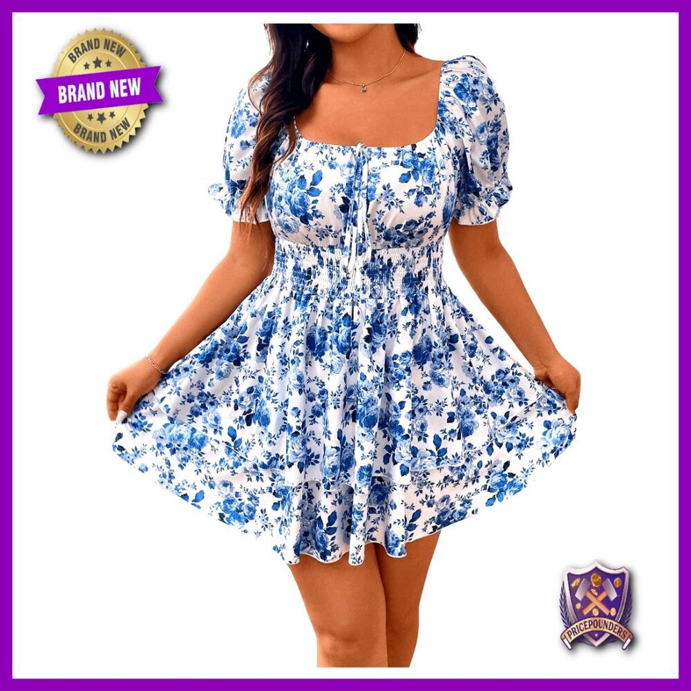 Plus Size Floral Print Square Neck Puff Sleeve A-Line Dress Casual